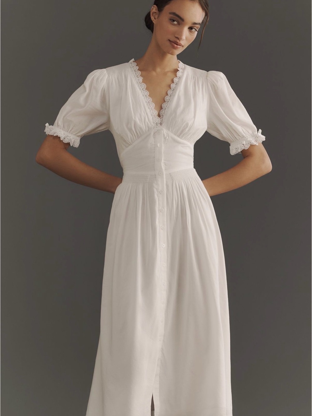 Reformation White Lace-Trim Puff Sleeve Maxi Dress
